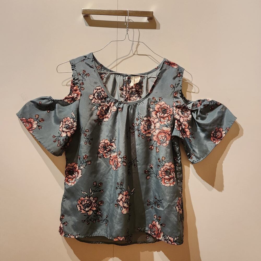 Japna Women's Sz L Green & Pink Floral Open Shoulder Short Sleeve Blouse Top